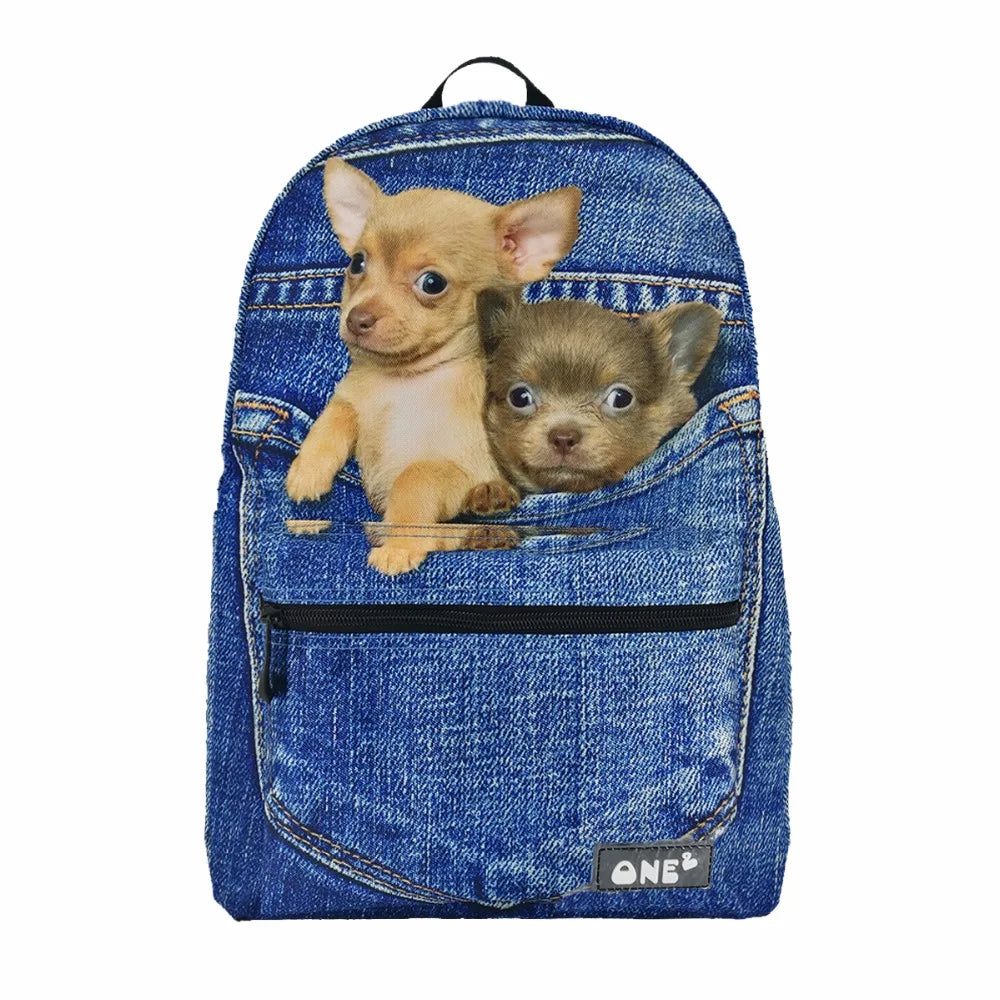 2019 ONE2 Design Blue Denim Pocket Dog School Backpack for Girls, Backpack,dog Pattern Backpack