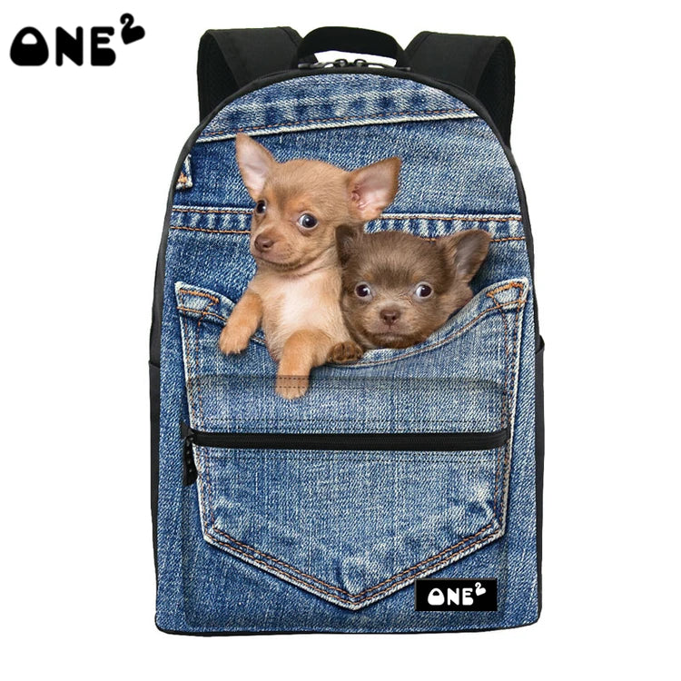 2019 ONE2 Design Blue Denim Pocket Dog School Backpack for Girls, Backpack,dog Pattern Backpack