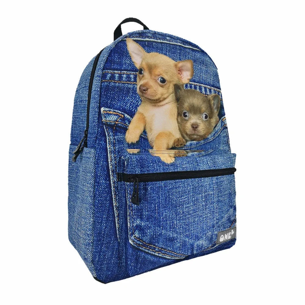 2019 ONE2 Design Blue Denim Pocket Dog School Backpack for Girls, Backpack,dog Pattern Backpack