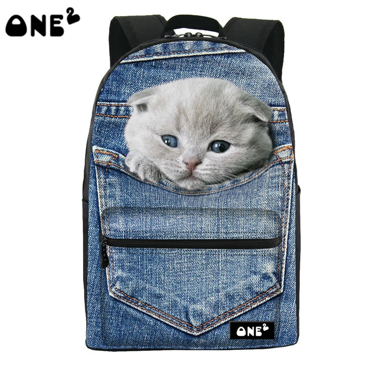2019 ONE2 Design Blue Denim Pocket Dog School Backpack for Girls, Backpack,dog Pattern Backpack