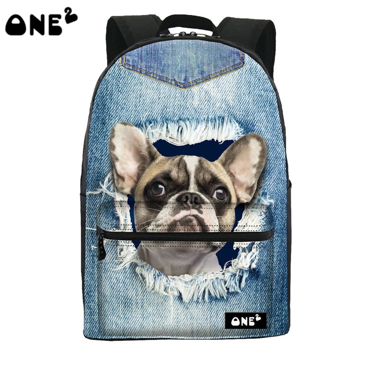 2019 ONE2 Design Blue Denim Pocket Dog School Backpack for Girls, Backpack,dog Pattern Backpack