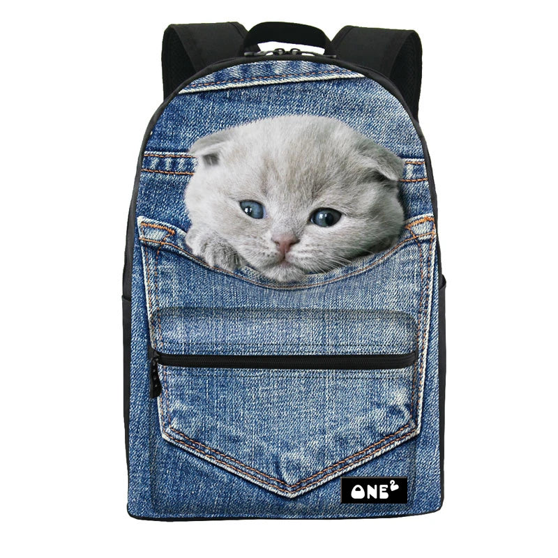 2019 ONE2 Design Blue Denim Pocket Dog School Backpack for Girls, Backpack,dog Pattern Backpack