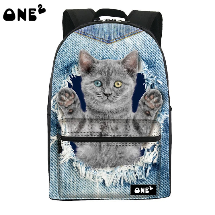 2019 ONE2 Design Blue Denim Pocket Dog School Backpack for Girls, Backpack,dog Pattern Backpack
