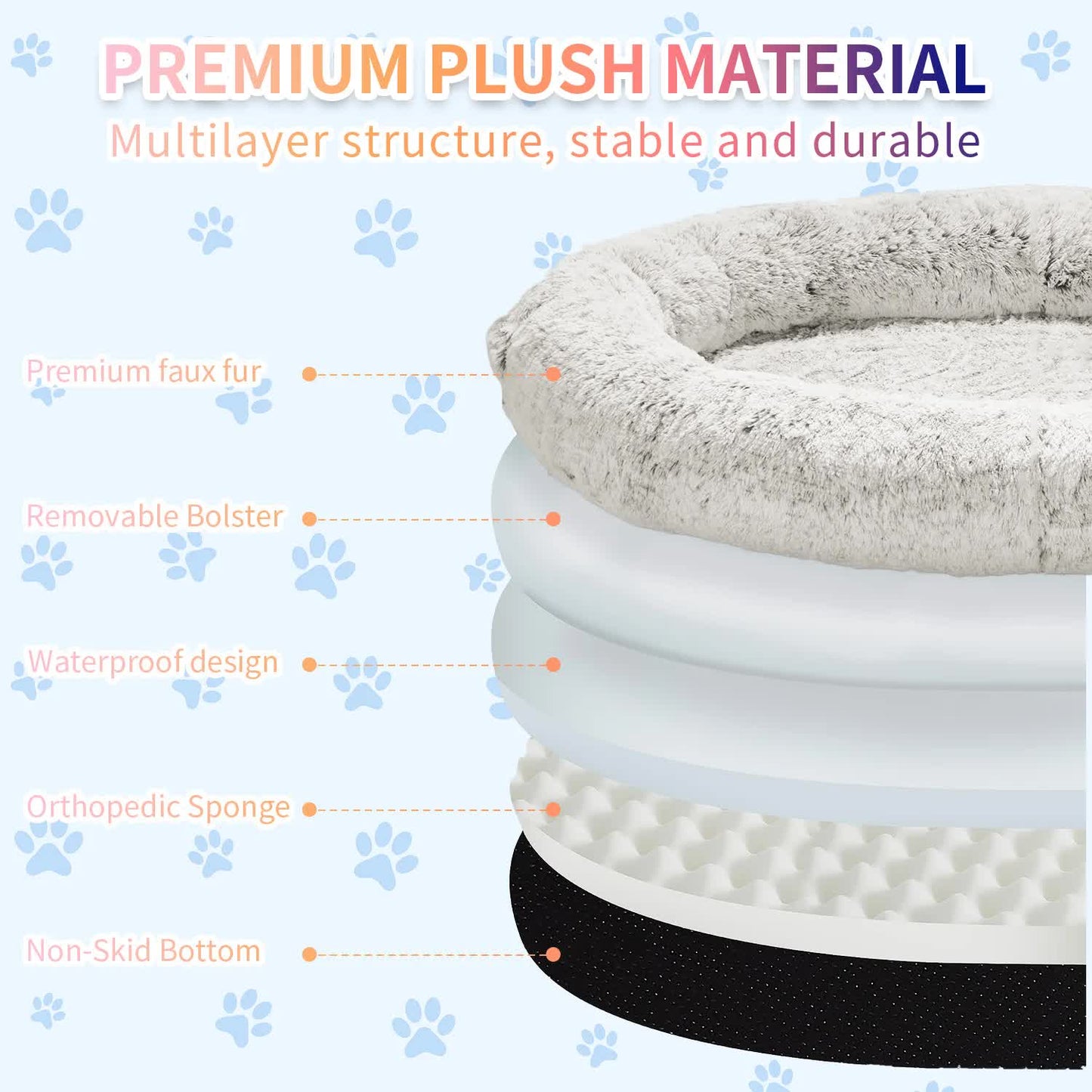 Fluffy Donut-Shaped Pet Bed- Soft, Cozy, and Anti-Anxiety for Dogs and Cats, Machine Washable  Light Gray  Size:M 75*55*18cm