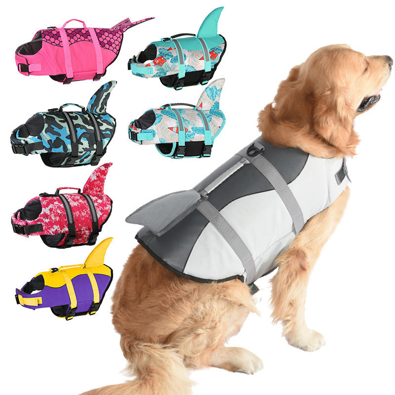 Size M Blue Scales Pattern Pet Life Jacket for Dogs - Summer Swimming Safety Vest with Shark Fin for Small to Large Breeds
