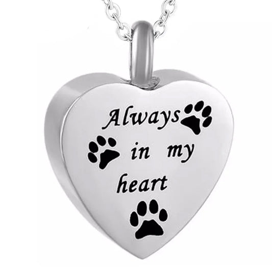 Always in My Heart Pet Paw Cremation Urn Necklace Dog Ash Jewelry Memorial Keepsake Pendant