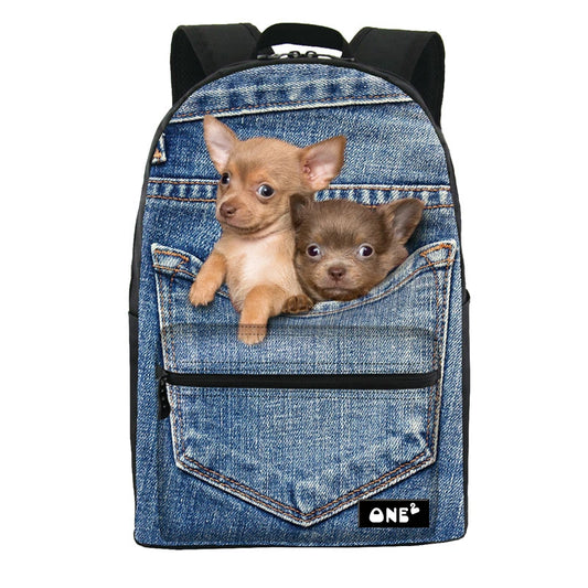 2019 ONE2 Design Blue Denim Pocket Dog School Backpack for Girls, Backpack,dog Pattern Backpack